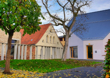 Schöpfungsgarten - Garten mit Bäumen, Sträuchern und Wegen mit Lutherarchiv im Hintergrund