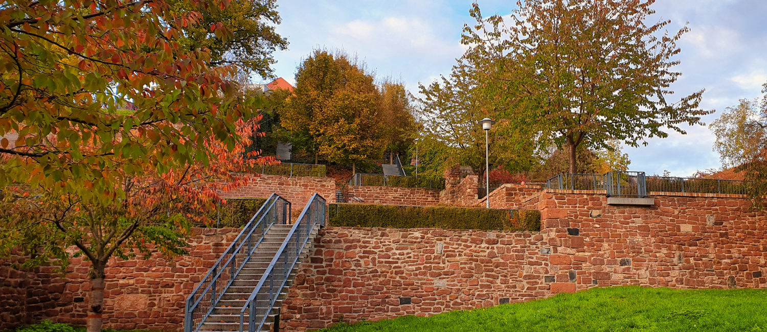 Stadtterrassen im Herbst - stufenweise Terrassen am Hang mit herbstlichen Bäumen darauf, durch Treppen miteinander verbunden