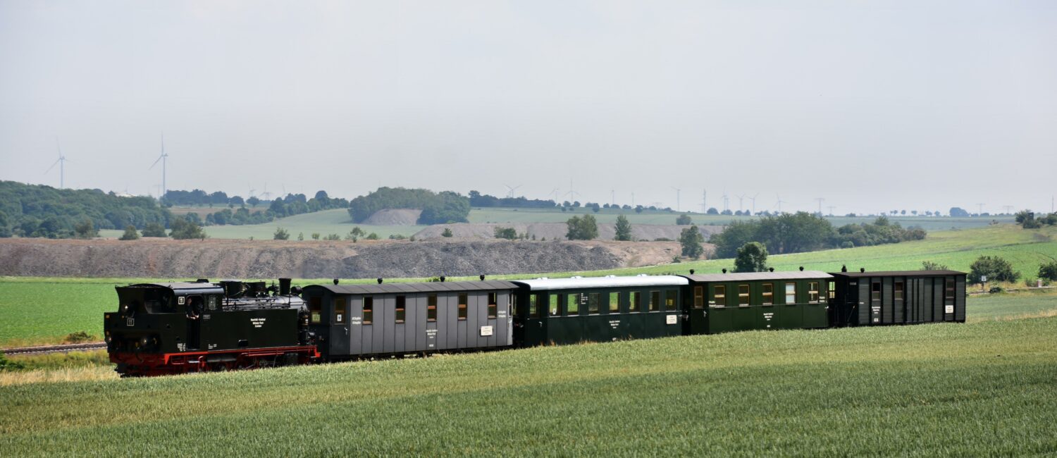 Mansfelder Bergwerksbahn fährt durch grüne Landschaft mit flacher Halde im Hintergrund