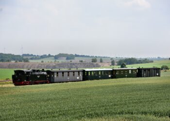 Mansfelder Bergwerksbahn fährt durch grüne Landschaft mit flacher Halde im Hintergrund