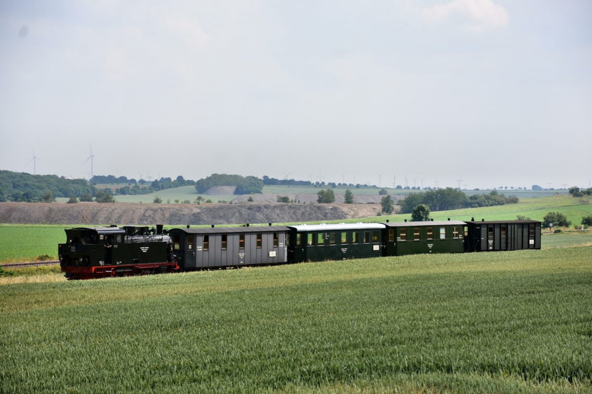 Mansfelder Bergwerksbahn fährt durch grüne Landschaft mit flacher Halde im Hintergrund